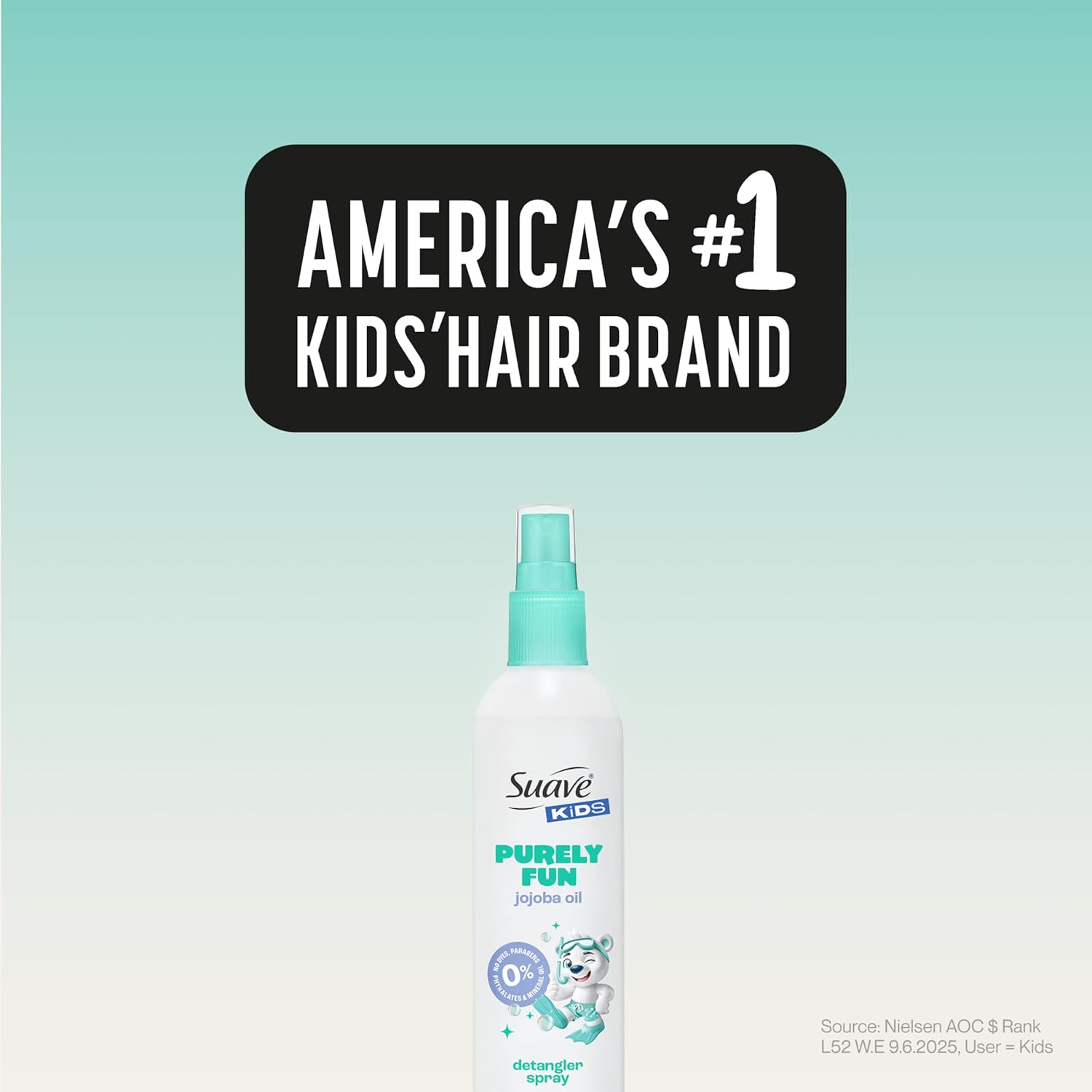 Suave Kids Purely Fun Jojoba Oil Conditioning Detanger Spray, with 100% natural Jojoba Oil, 0% dyes, parabens, phthalates, and mineral oil, Tear Free 10 oz