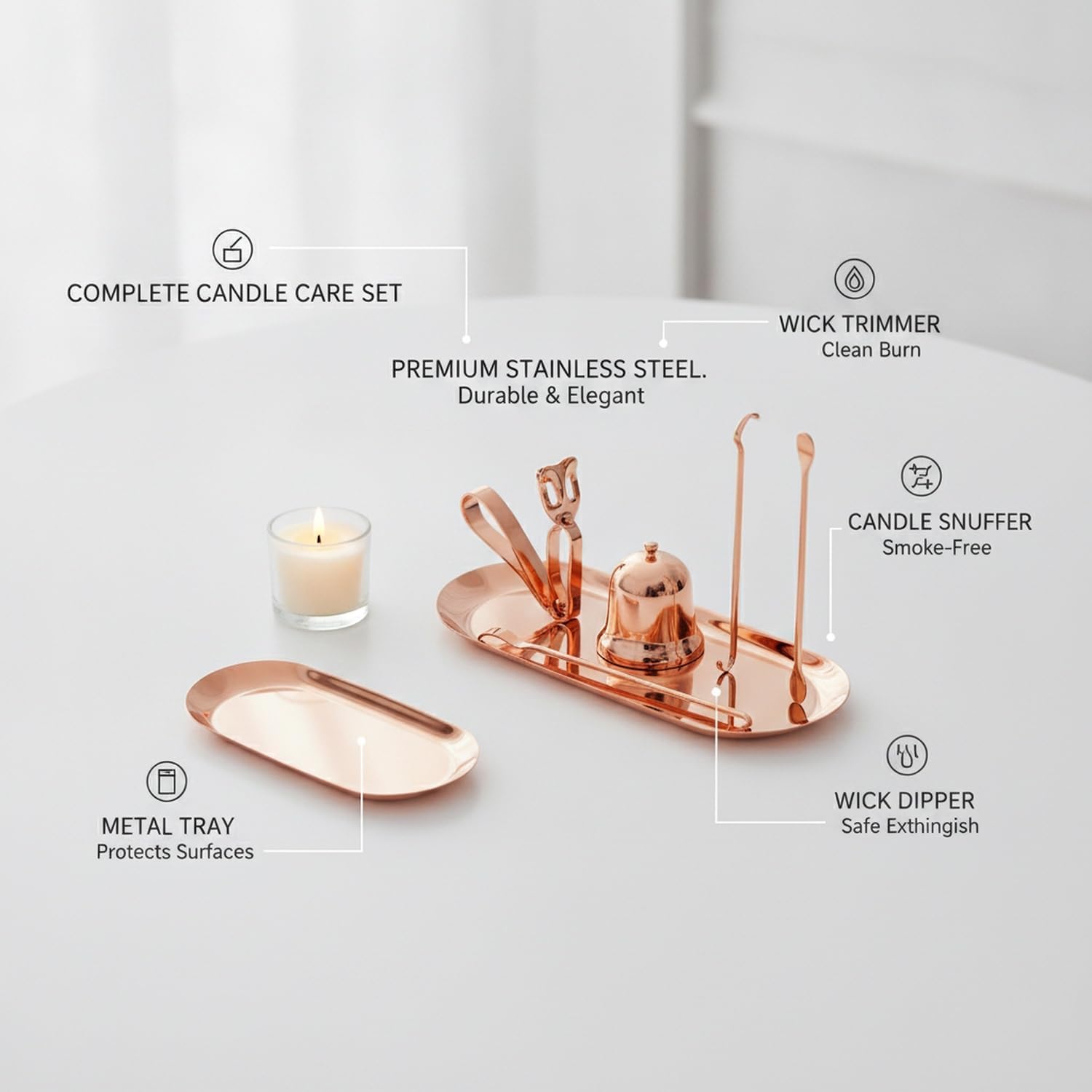 Candle Accessory Set with Tray, Stainless Steel Wick Trimmer Snuffer and Dipper for Home Candle Care