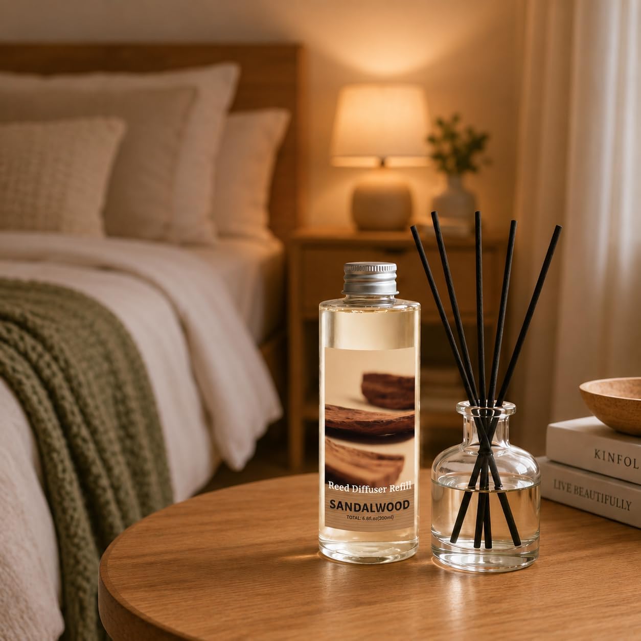 STRN Reed Diffuser Oil Refill, Sandalwood Scented Diffuser Oil Refills with 6 Reed Sticks 200ML(6.8fl.oz), Summer Long-Lasting Fragrance for Living Room, Bedroom, Office, Home Décor