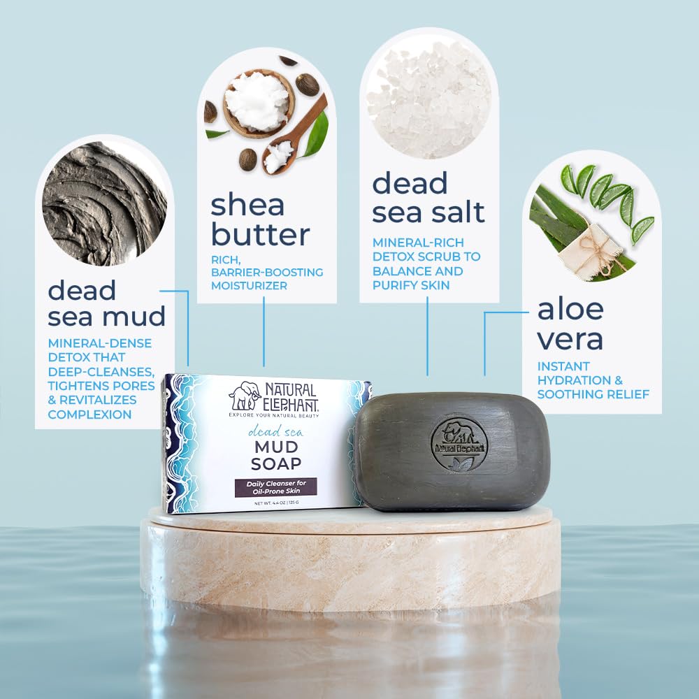 Natural Elephant Dead Sea Mud Soap Bar | Mineral-Rich Face & Body Cleanser with Natural Dead Sea Minerals | 4.4 oz (125 g) Pack of 3