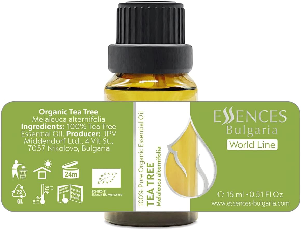 Essences Bulgaria Organic Tea Tree Essential Oil 0.51Fl Oz 15ml Melaleuca Alternifolia - 100% Pure and Natural Undiluted for Toenail Fungus, Dandruff Itchy Scalp Acne Skincare Aromatherapy Diffuser