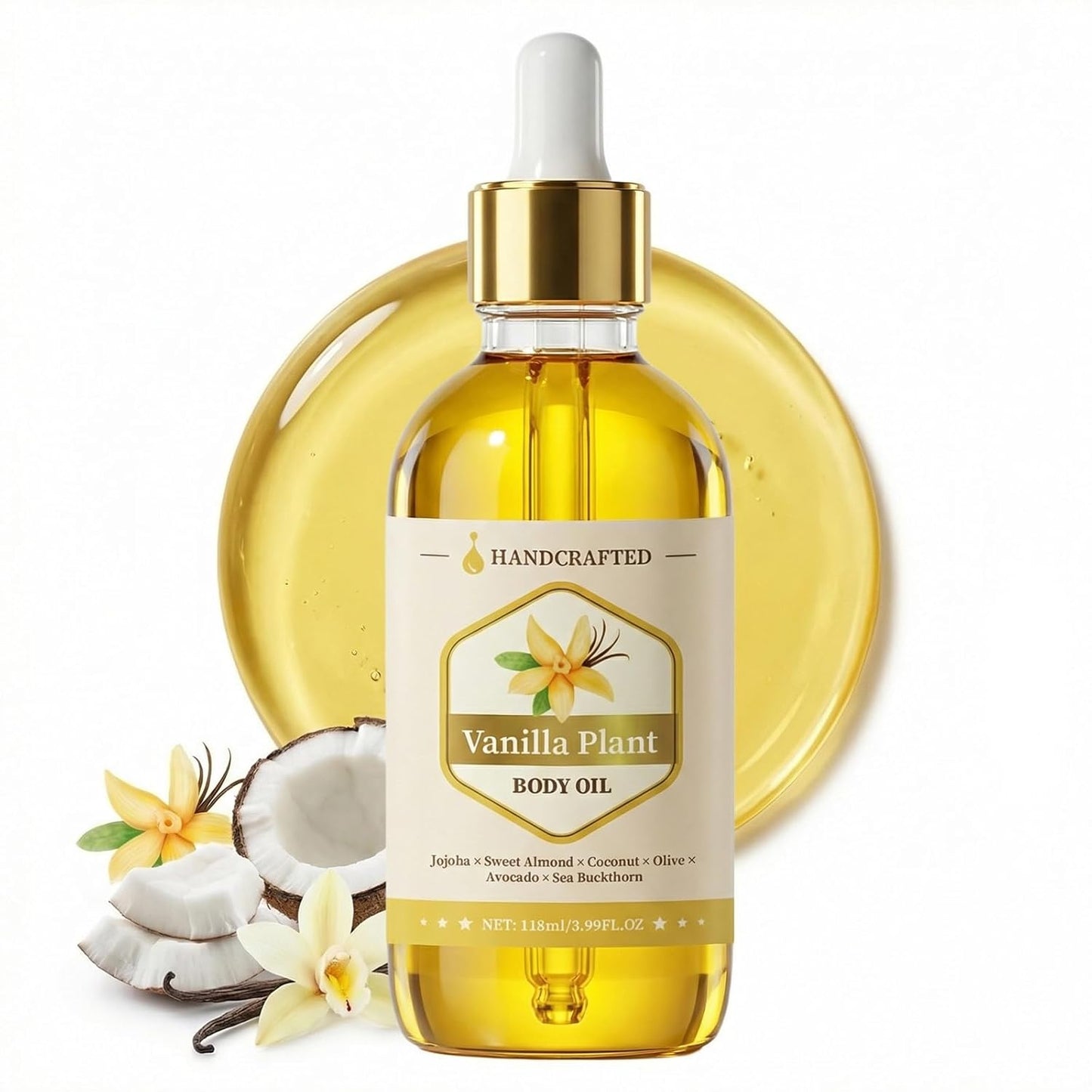 Handcrafted Vanilla Body Oil – 118 mL (3.99 fl oz) Hydrating Plant‑Oil Blend of Jojoba, Sweet Almond, Coconut & Sea Buckthorn for Skin & Hair