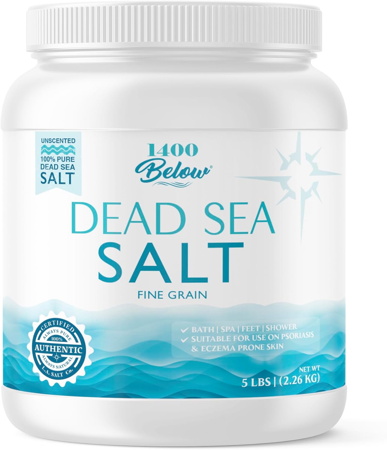LA SALT CO 1400 Below 5 Lbs Jar Dead Sea Salt, Fine Grain - Foot and Spa Bath Soak, Exfoliating Body Scrub, 100% Pure and Mineral-Rich, Highest Mineral Content – Natural Muscle Tension Relief