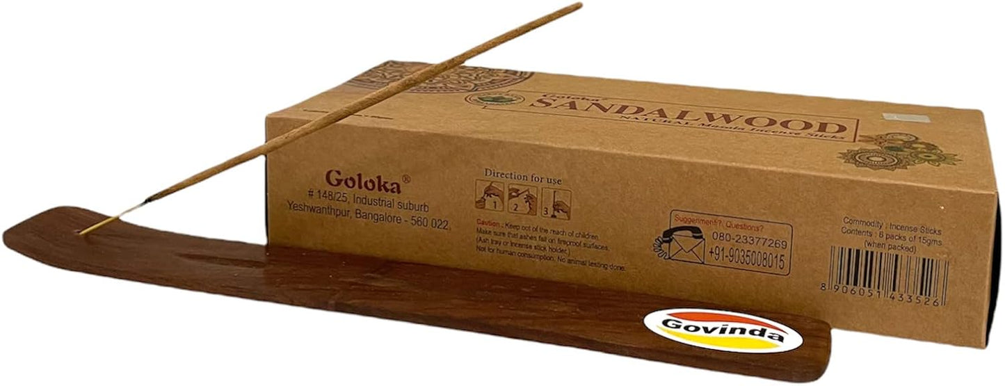 Govinda Incense Stick Holder Bundle with Goloka Incense Organica Series Sandalwood Incense Sticks - 6 Pack of 15 Grams
