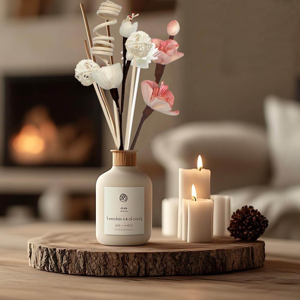 16Pcs Natural Rattan Reed Diffuser Sticks with Handmade Flowers, Aroma Fragrance Diffuser Refill Replacement Set, Strong Scent Absorption for Home Office Bedroom Decor