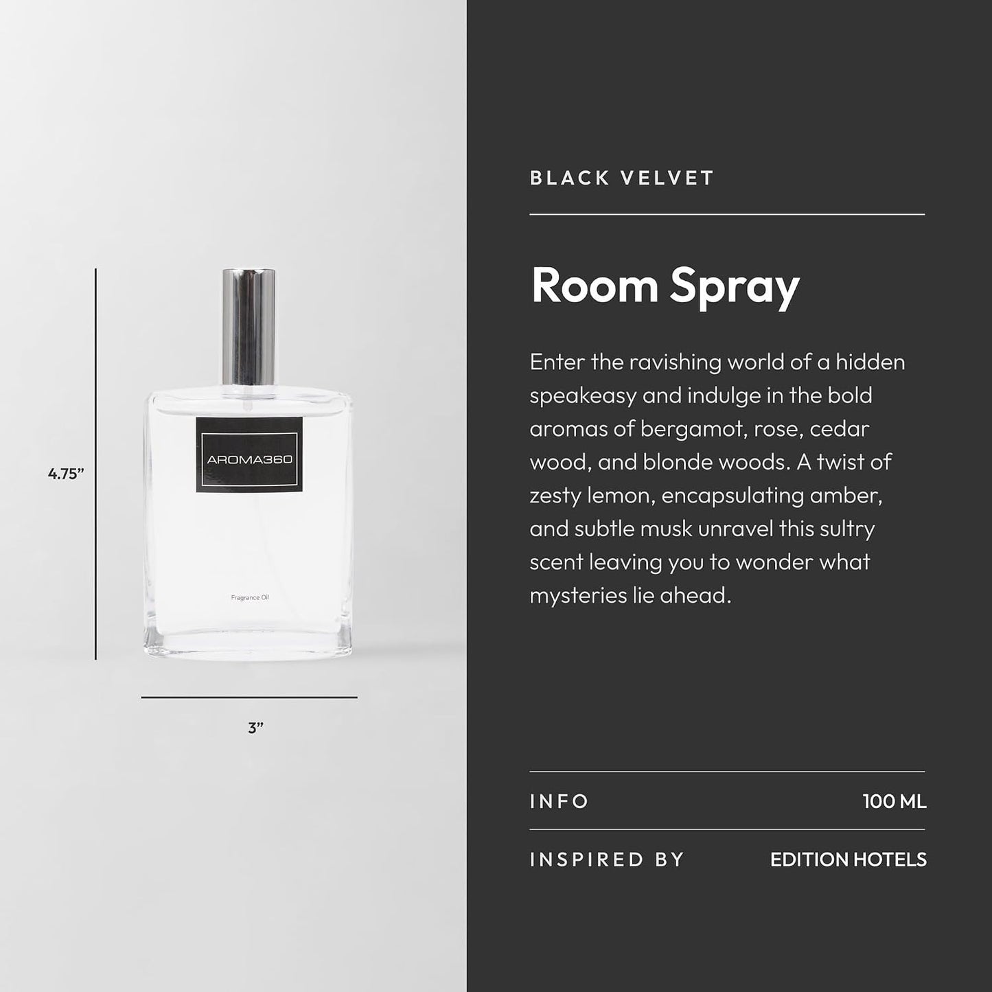 Aroma360 Room Spray - Hotel Air Freshener - Aromatherapy Oil Spray - Scents Inspired by Edition Hotel - Scent Includes Smokey Black Tea, Rose & Amber - Black Velvet, 100mL/3.38 fl oz