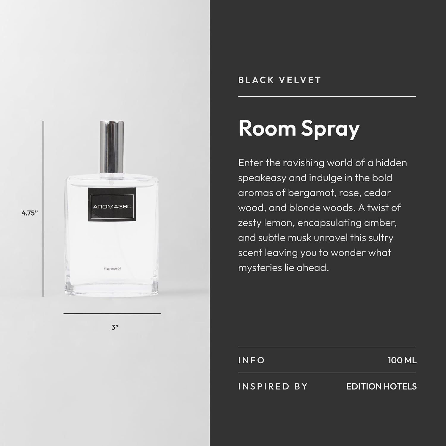 Aroma360 Room Spray - Hotel Air Freshener - Aromatherapy Oil Spray - Scents Inspired by Edition Hotel - Scent Includes Smokey Black Tea, Rose & Amber - Black Velvet, 100mL/3.38 fl oz
