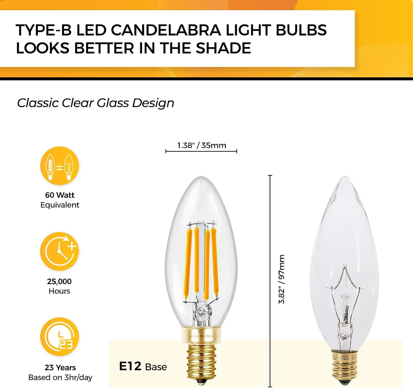 Hizashi 90+CRI Candelabra LED Light Bulbs 60 Watt, 2700K Warm White, E12 LED Bulb Dimmable, B11 Chandelier Light Bulbs, 6W, 550LM, Candle Light Bulbs, UL Listed, 12 Pack