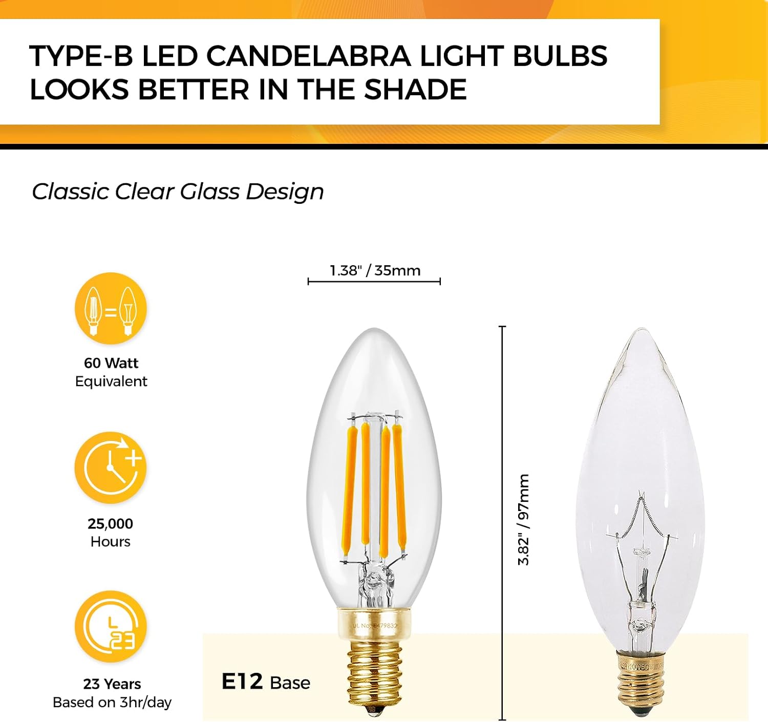 Hizashi 90+CRI Candelabra LED Light Bulbs 60 Watt, 2700K Warm White, E12 LED Bulb Dimmable, B11 Chandelier Light Bulbs, 6W, 550LM, Candle Light Bulbs, UL Listed, 12 Pack