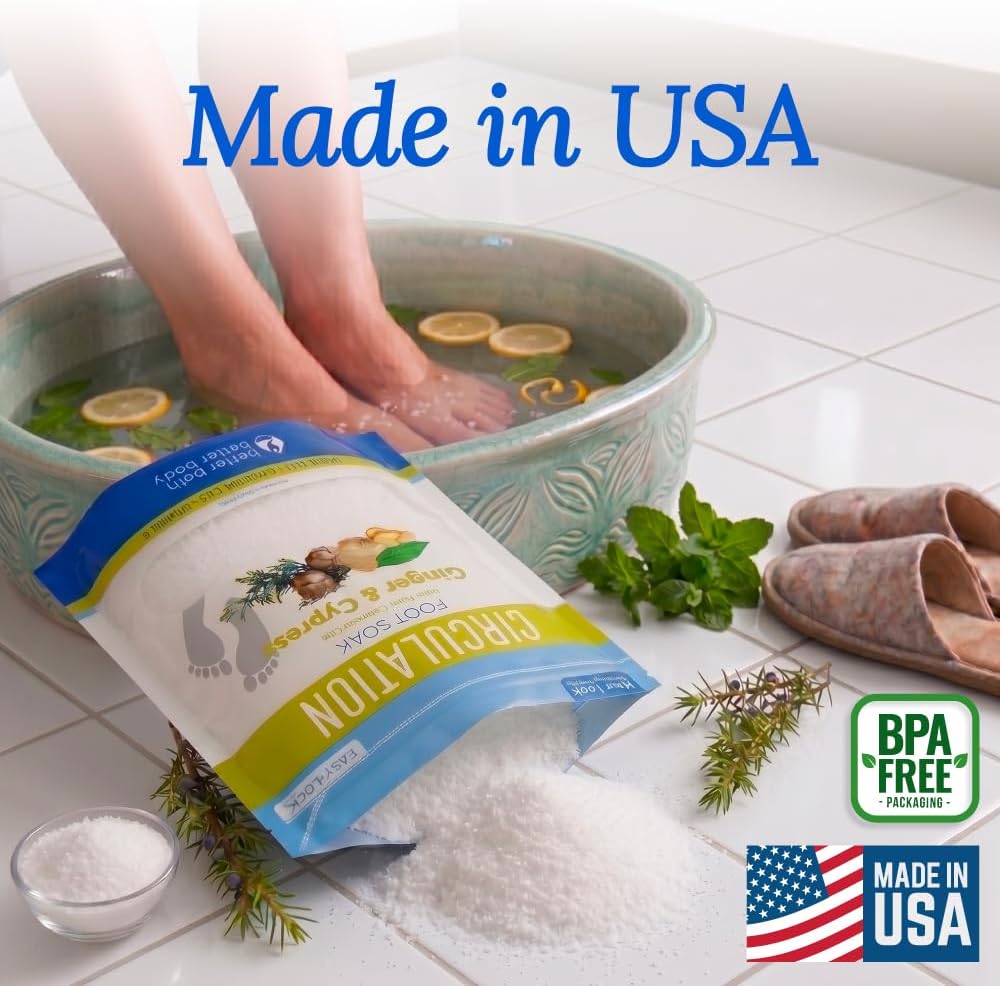Circulation Foot Soak 32 Ounces (2 Lbs) Epsom Salt with Pure Essential Oils Ginger and Cypress Essential Oils Plus Vitamin C in BPA Free Pouch with Easy Press Lock Seal