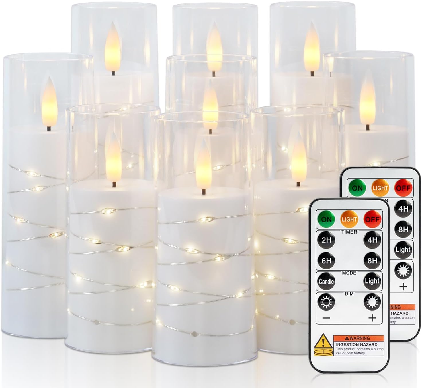 Raycare Flameless Candle with Remote Timer – 9 Flickering Acrylic Battery Operated LED Pillar Candles with Embedded Star String for Christmas, Wedding, Home Table Decor, and as a Gift (White)
