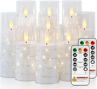 Raycare Flameless Candle with Remote Timer – 9 Flickering Acrylic Battery Operated LED Pillar Candles with Embedded Star String for Christmas, Wedding, Home Table Decor, and as a Gift (White)