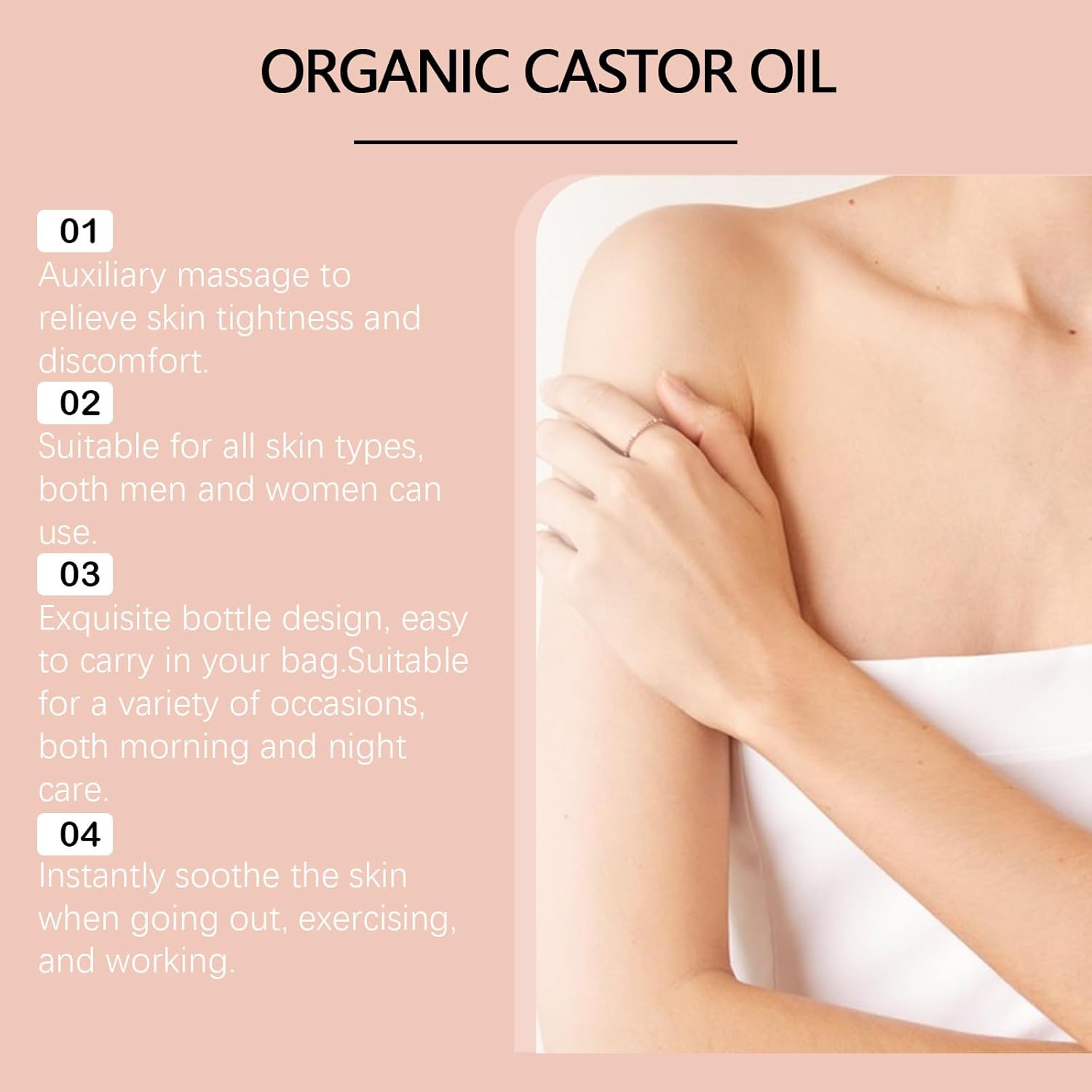 Organic Golden Castor Oil Roll-On with Rose Quartz | Cold-Pressed, Hexane-Free | Less Mess Applicator for Castor Oil Packs, Skin, Brows & Lashes