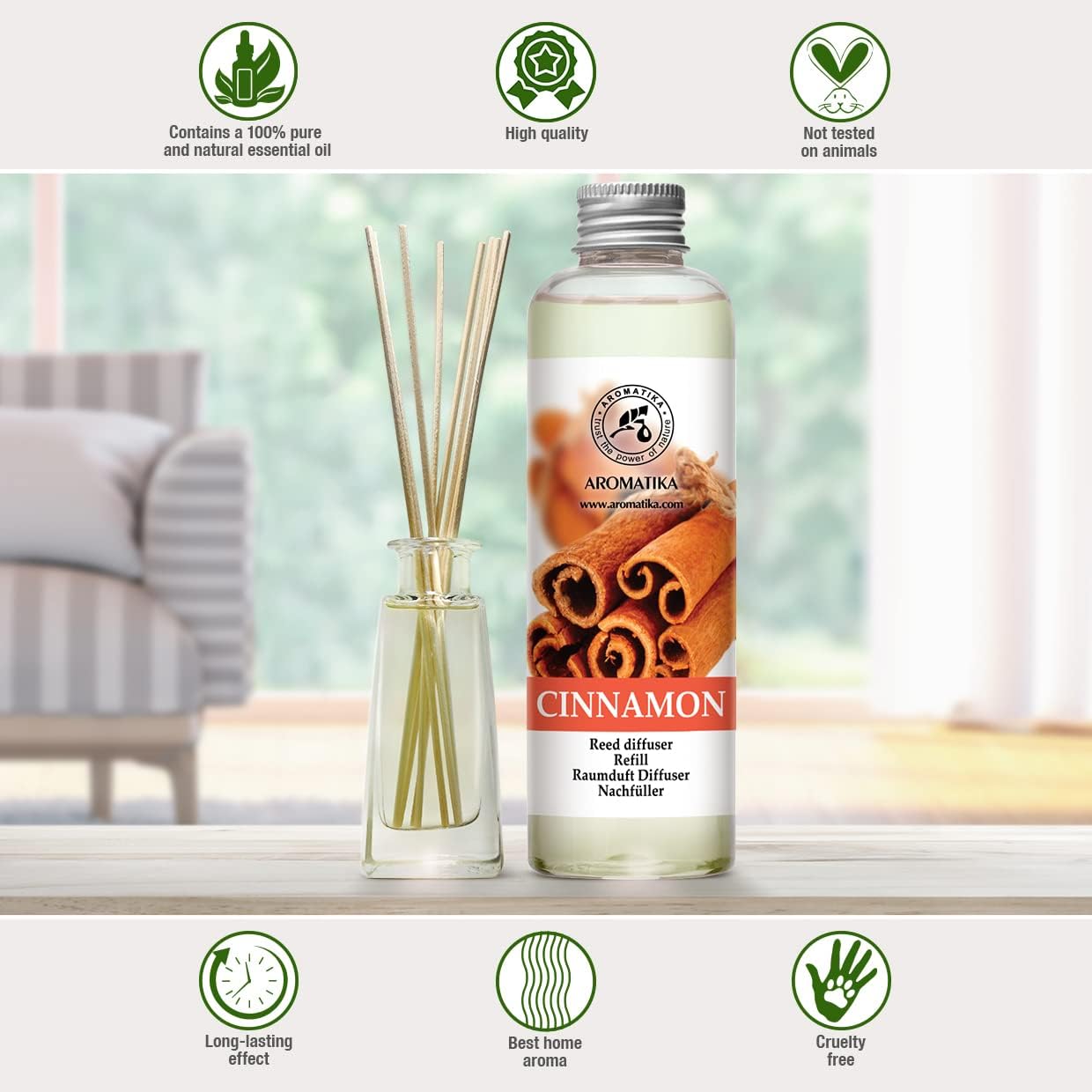 Cinnamon Reed Diffuser Refill with Natural Essential Cinnamon Oil 6.8 Fl Oz - Fresh & Long Lasting Fragrance - Reed Diffuser Oil Refill for Aromatherapy - Home - Fitness - Boutique