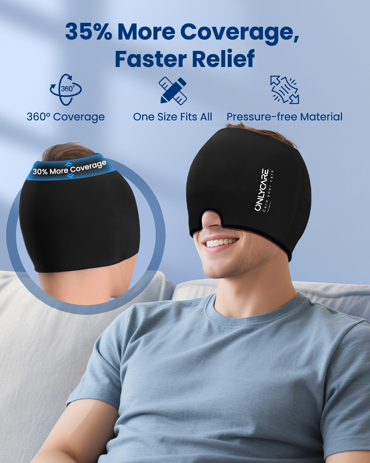 ONLYCARE Migraine Relief Cap, Upgraded Headache Relief Cap with Odorless Reusable Gel Head Wrap, Soothing Face Ice Pack Mask Products with Hot & Cold Therapy for Tension, Stress, Hangover & Puffy Eyes