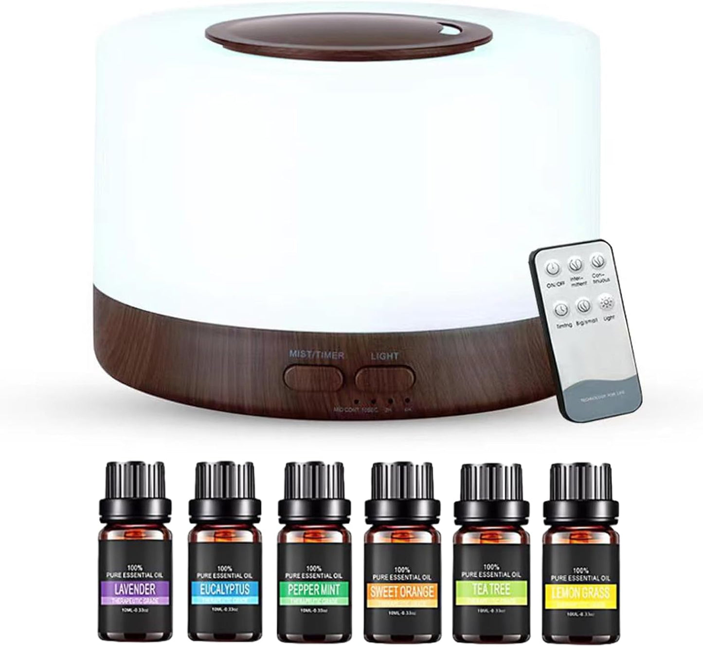 6 Oils, 500ml Ultrasonic Essential Oil Diffuser, Remote Control Wood Humidifier with 7 LED Mood Lights, Aromatherapy Diffuser for Home, Office, and Relaxation (Walnut Wood)