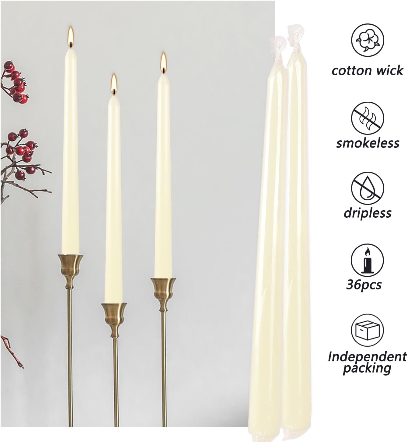 YOROXRG 36 Pack Ivory White Taper Candles, 7-8 Hours Burn Time, Unscented, Smokeless and Dripless, 0.8 x 10 Inch Dinner Candle Set for Household, Wedding, Party and Home Décor Candlesticks