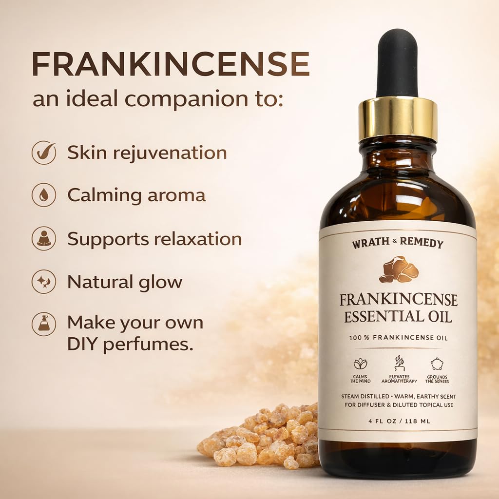 Organic Frankincense Essential Oil — USDA Certified, Premium Steam-Distilled & Undiluted Boswellia Resin — 100% Pure Frankincense Oil for Skin, Aromatherapy, Diffuser & More (Amber Glass Bottle, 4OZ)
