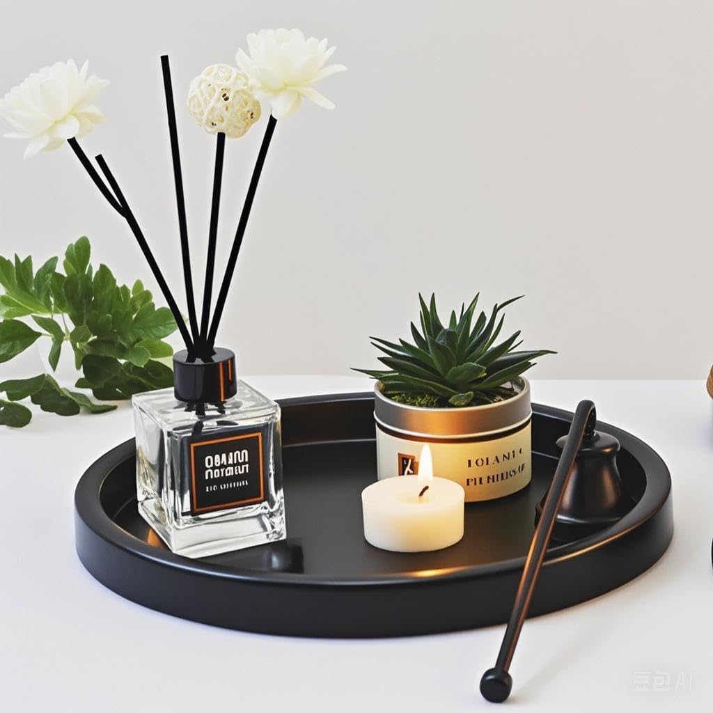 Round Black Metal Candlestick Tray, Decorative Serving Tray, Candle Holder Tray for Wedding Table, Dinning Table Decorations(11.5 inches)