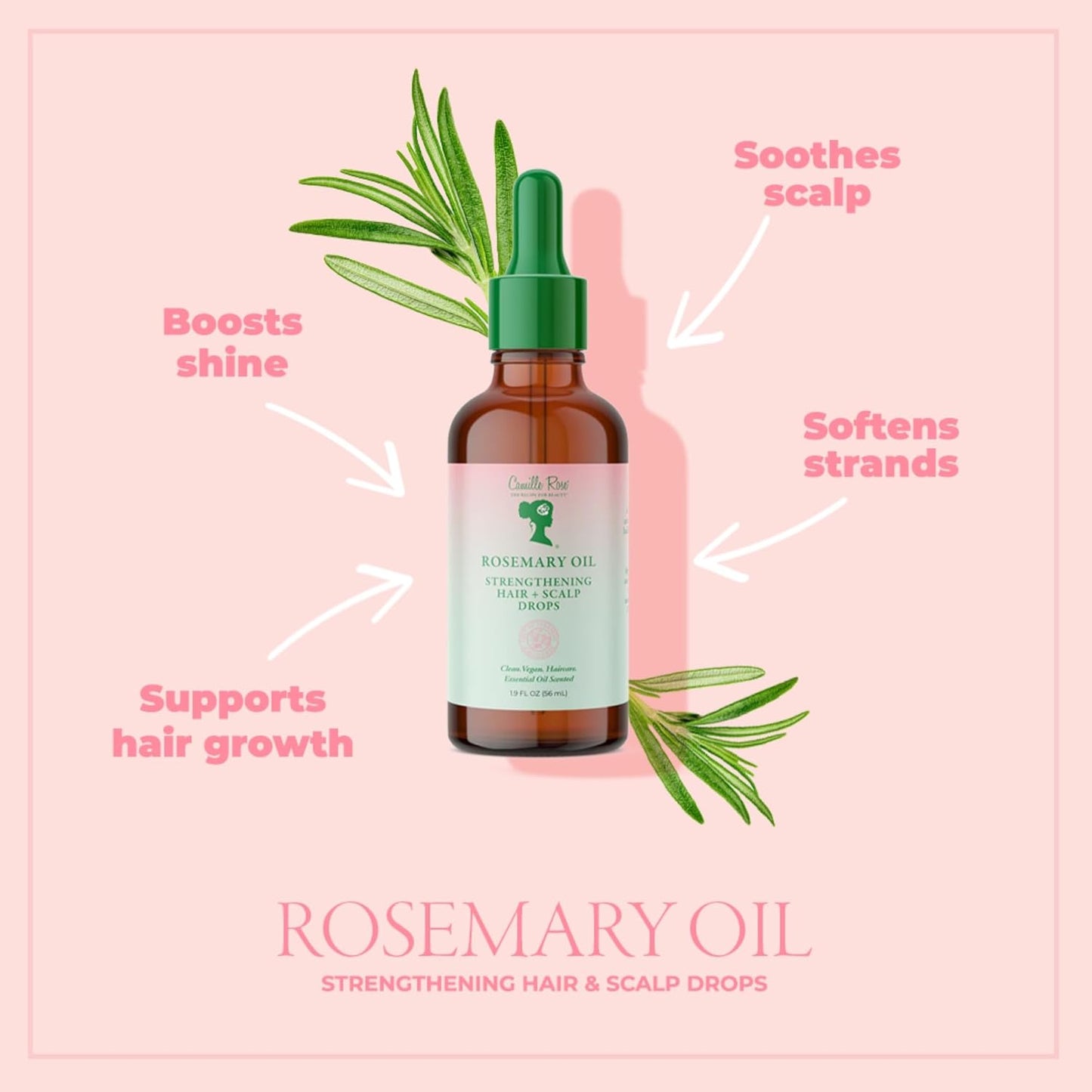 Camille Rose Rosemary Oil Strengthening Hair + Scalp Drops – Castor, Peppermint & Tea Tree Oil Blend for Strength & Resilience, Dry Scalp Treatment, Split Ends, 1.9 Fl Oz