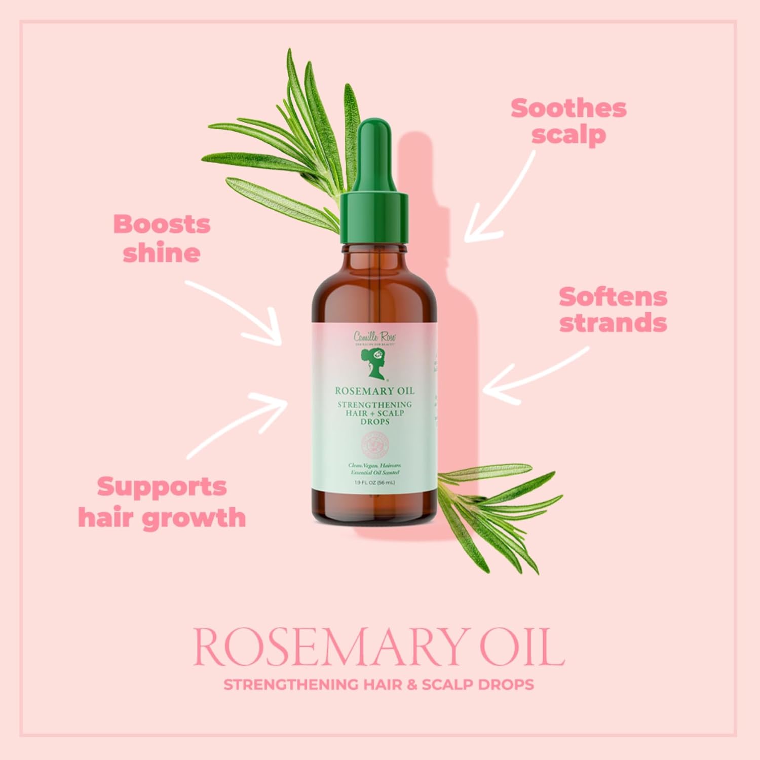 Camille Rose Rosemary Oil Strengthening Hair + Scalp Drops – Castor, Peppermint & Tea Tree Oil Blend for Strength & Resilience, Dry Scalp Treatment, Split Ends, 1.9 Fl Oz
