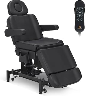 BarberPub Fully Electric Beauty Bed, 3-Motor Salon Spa Chair with Foot-Controlled Wheels, Adjustable Height, Backrest & Leg Rest – PVC Leather, Professional Facial & Treatment Table 2754 (Black)