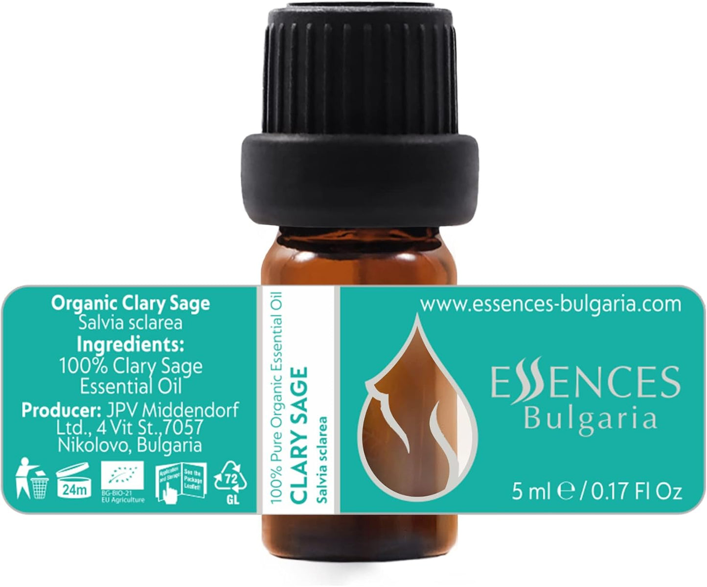 Essences Bulgaria Organic Clary Sage Essential Oil 1/6 Fl Oz | 5ml | Salvia sclarea | 100% Pure and Natural | Undiluted | Therapeutic Grade | Family Owned Farm | Steam-Distilled | Non-GMO | Vegan