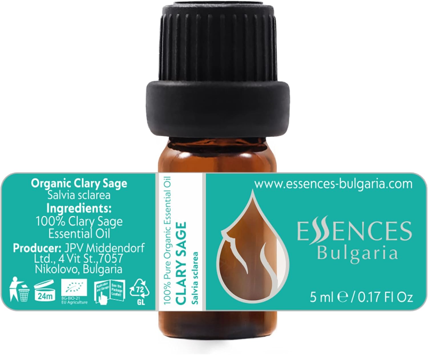 Essences Bulgaria Organic Clary Sage Essential Oil 1/6 Fl Oz | 5ml | Salvia sclarea | 100% Pure and Natural | Undiluted | Therapeutic Grade | Family Owned Farm | Steam-Distilled | Non-GMO | Vegan