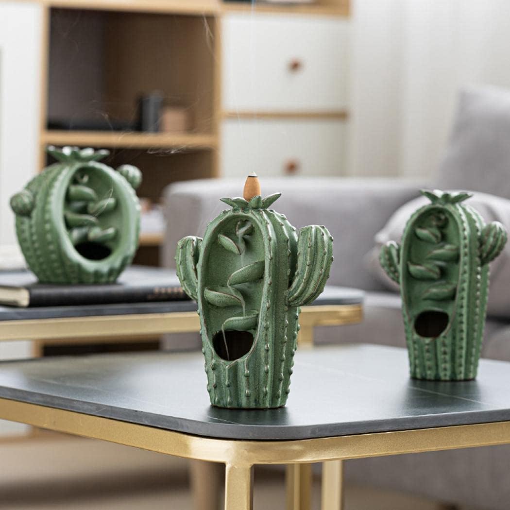 Backflow Incense Burner Holder Cactus Waterfall Home Decor Porcelain with Incense Cone Sticks Holder Incense Sticks Backflow Incense Cones Mat Tweezer Gift Set (3)