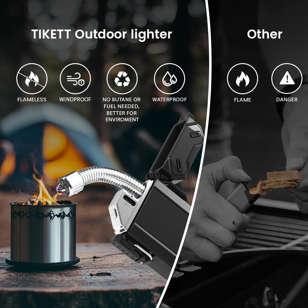 Dual Arc USB Rechargeable Electric Camp Lighter with Retractable Flexible Long Neck Waterproof Windproof Lighter for Outdoor, Grill and Candle (Black)