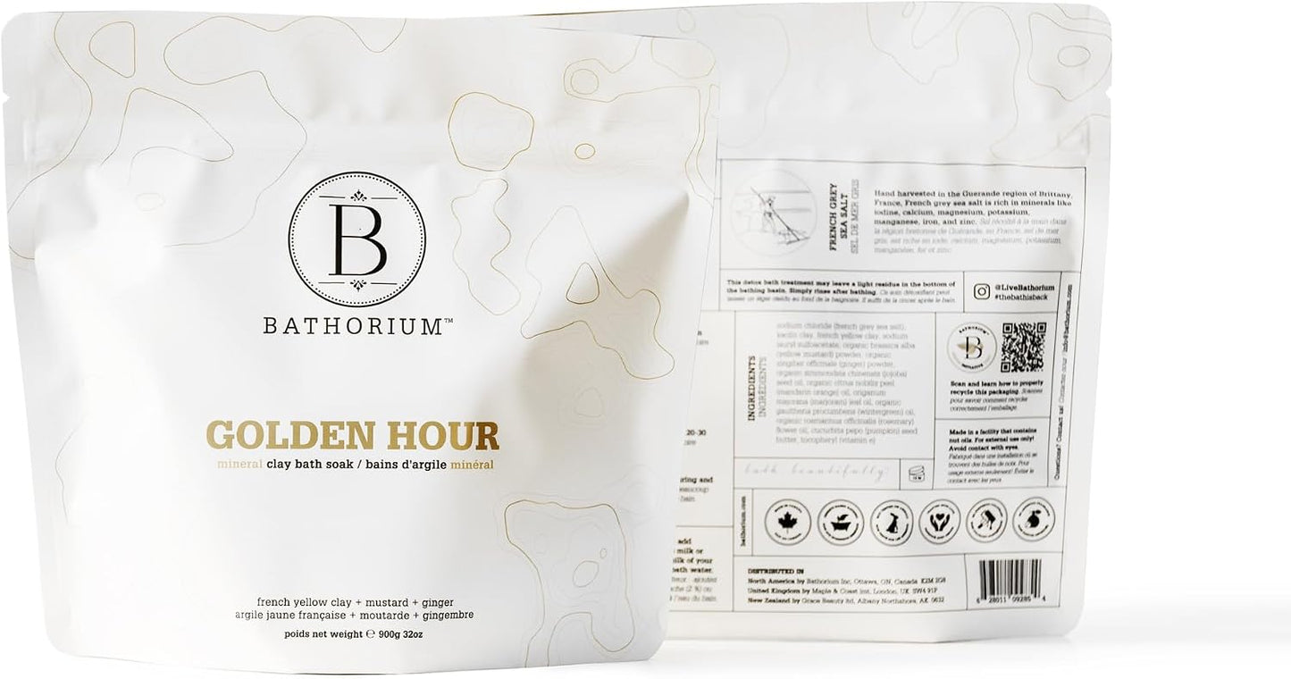 Bathorium Golden Hour Mud Mineral Soak, Detox Bath Soak with French Grey Sea Salt, Ginger & Mandarin, Sinus Relief & Recovery, pH-Balanced for Women, Approximately 3 Baths, 32 oz