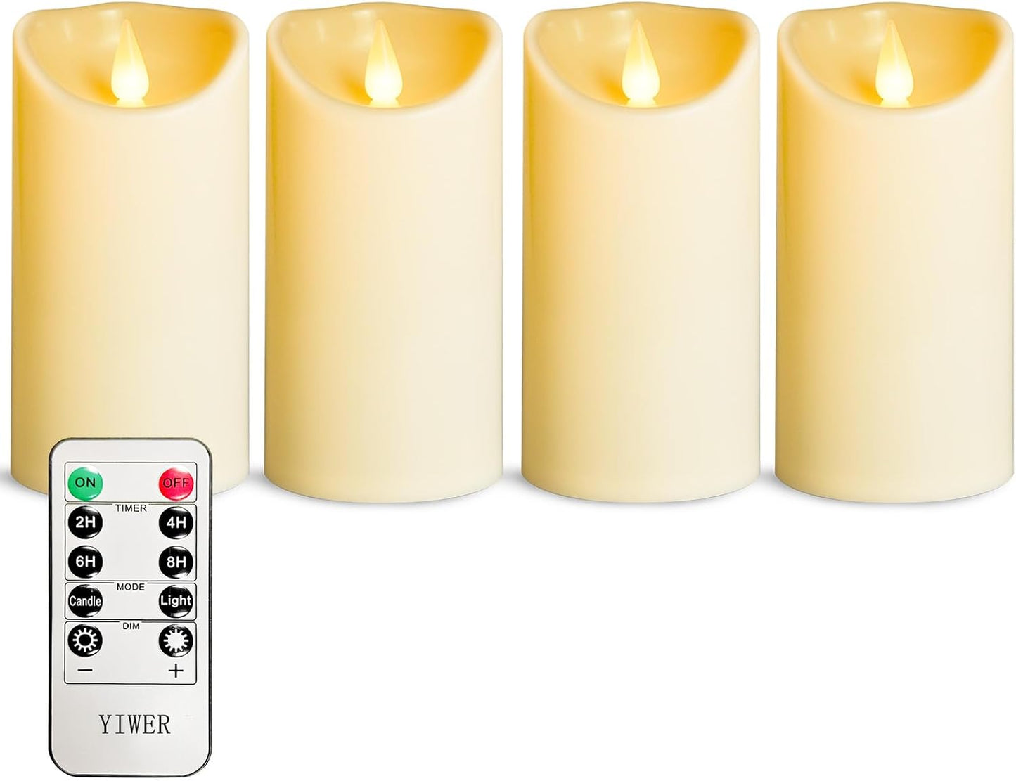 YIWER Plastic Flameless LED Candles,Pack of 4 Battery Operated Candle with 10 Key Remote Control Electric Fake Flickering Light Ivory Pillar D3”H6”