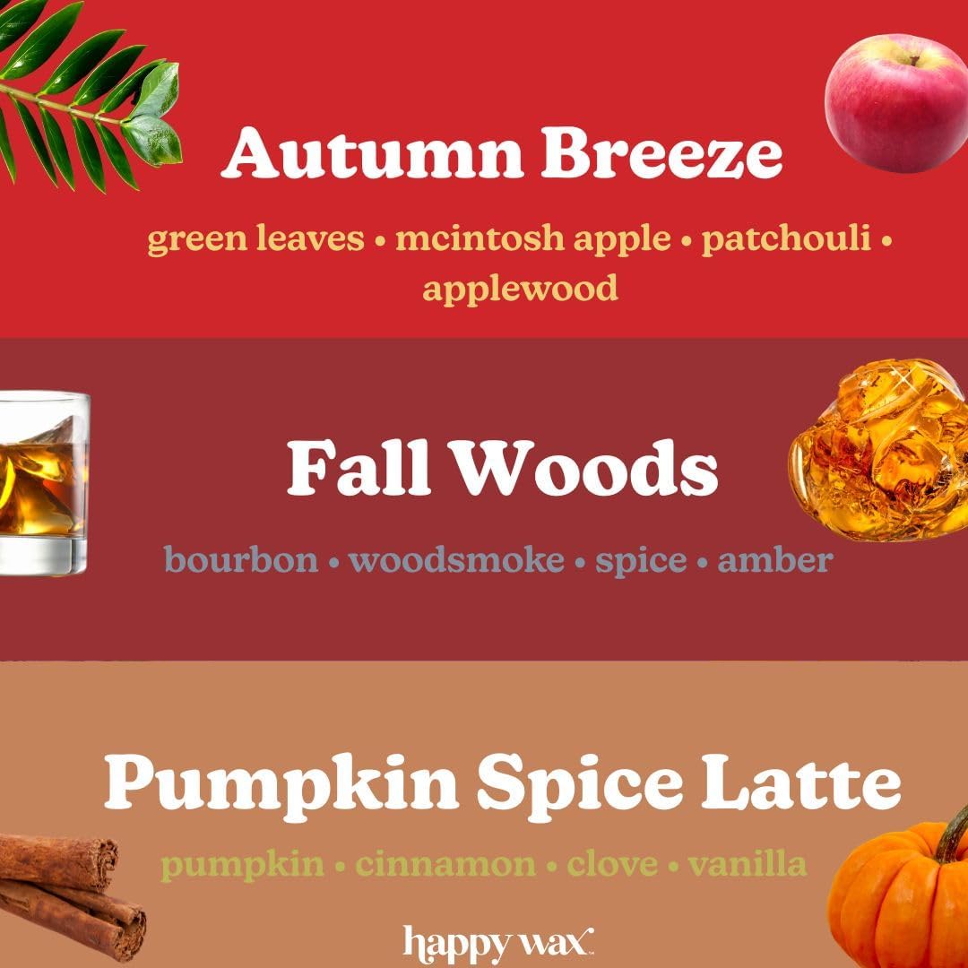 Happy Wax Fall Mix Premium Scented Natural, Non Toxic Soy Wax Melts – 6 Total Oz. of Scented Wax Melts. Includes: Fall Woods, Autumn Breeze, and Pumpkin Spice Latte