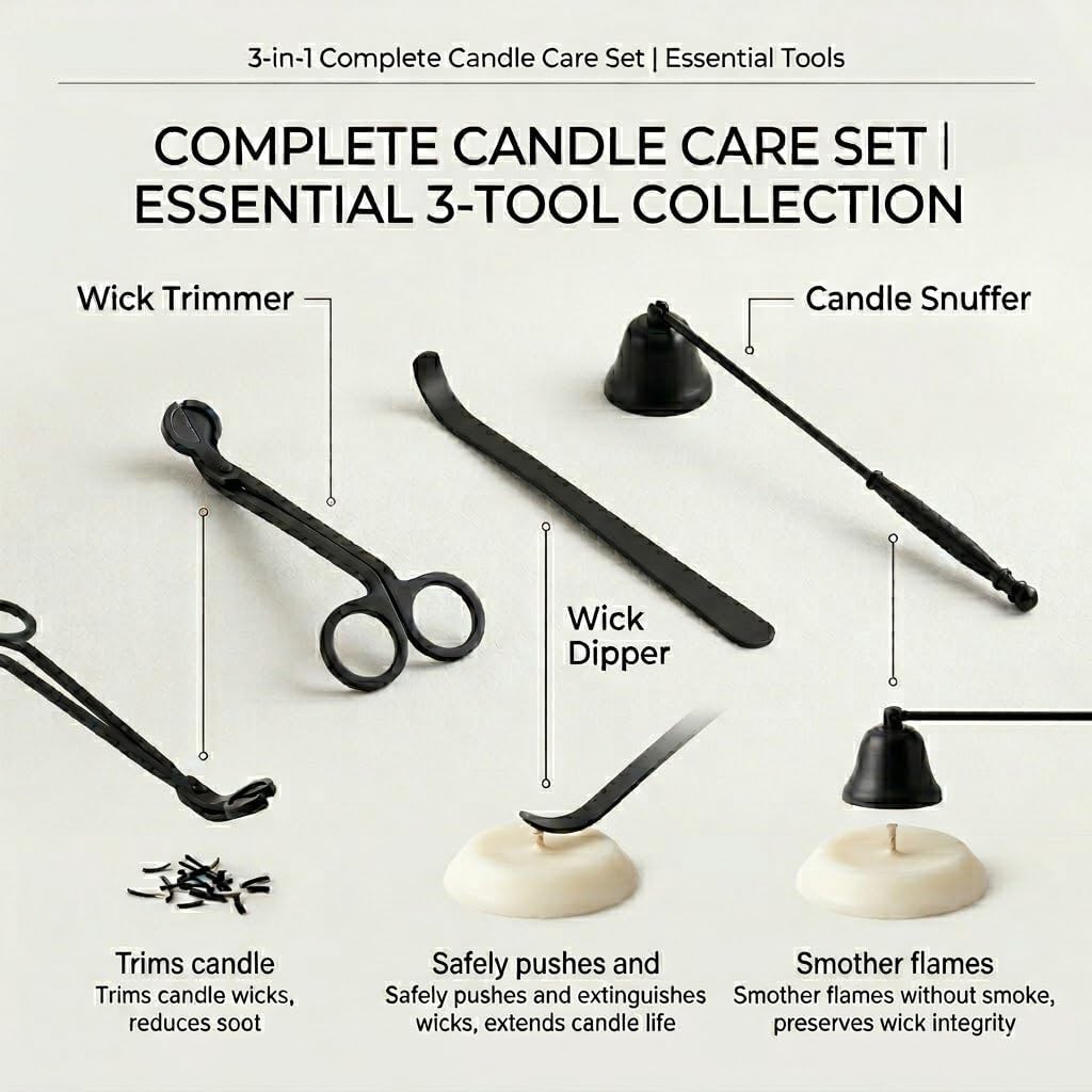 5 Piece Candle Accessory Set - Wick Trimmer, Snuffer, Dipper, Lighter, Candle Holder - Stainless Steel