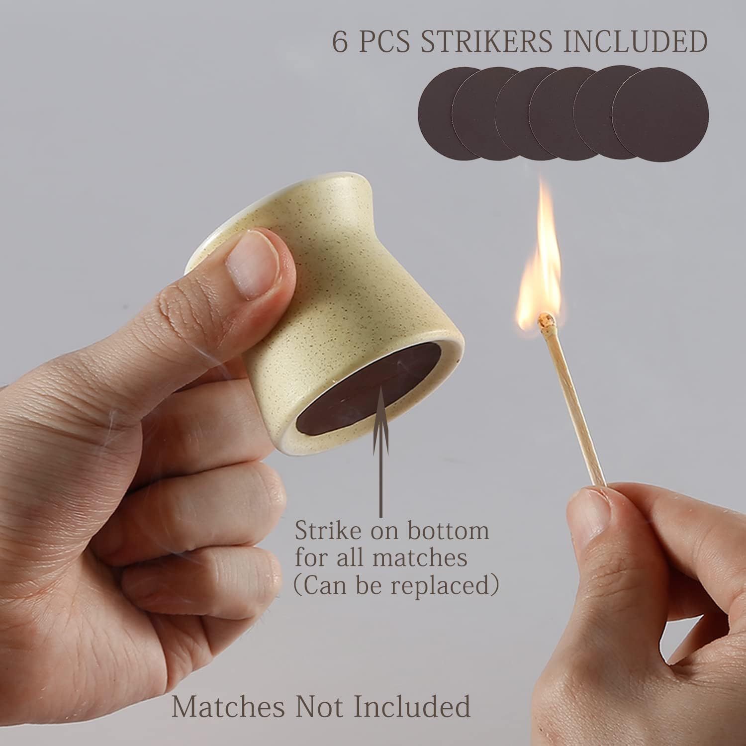 2 Pack Match Holder with 6 Pcs Strikers, Handmade Ceramic Match Box for All Matches, Cute Home Decor Match Jar with Striker for Candle, Fireplace, Parlor. (Sold Without Matches) (Off White)