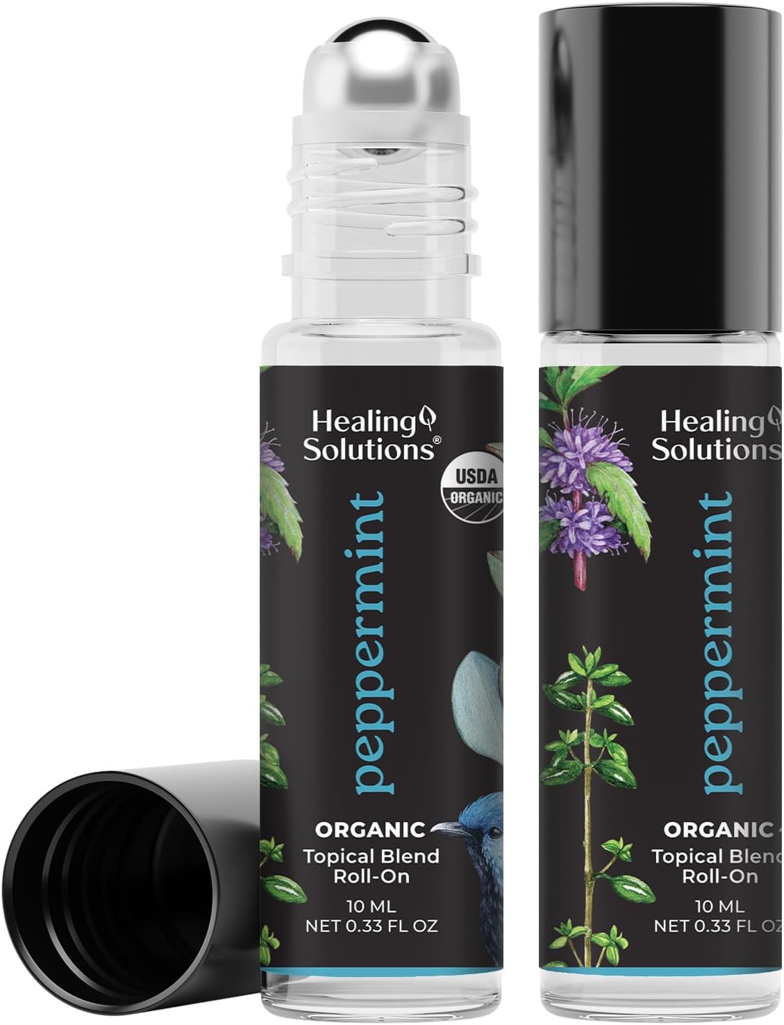 Healing Solutions (2 Pack) USDA Certified Organic Peppermint Essential Oil Roll-On Set for Body & Skin Care - Peppermint Essential Oil Roller