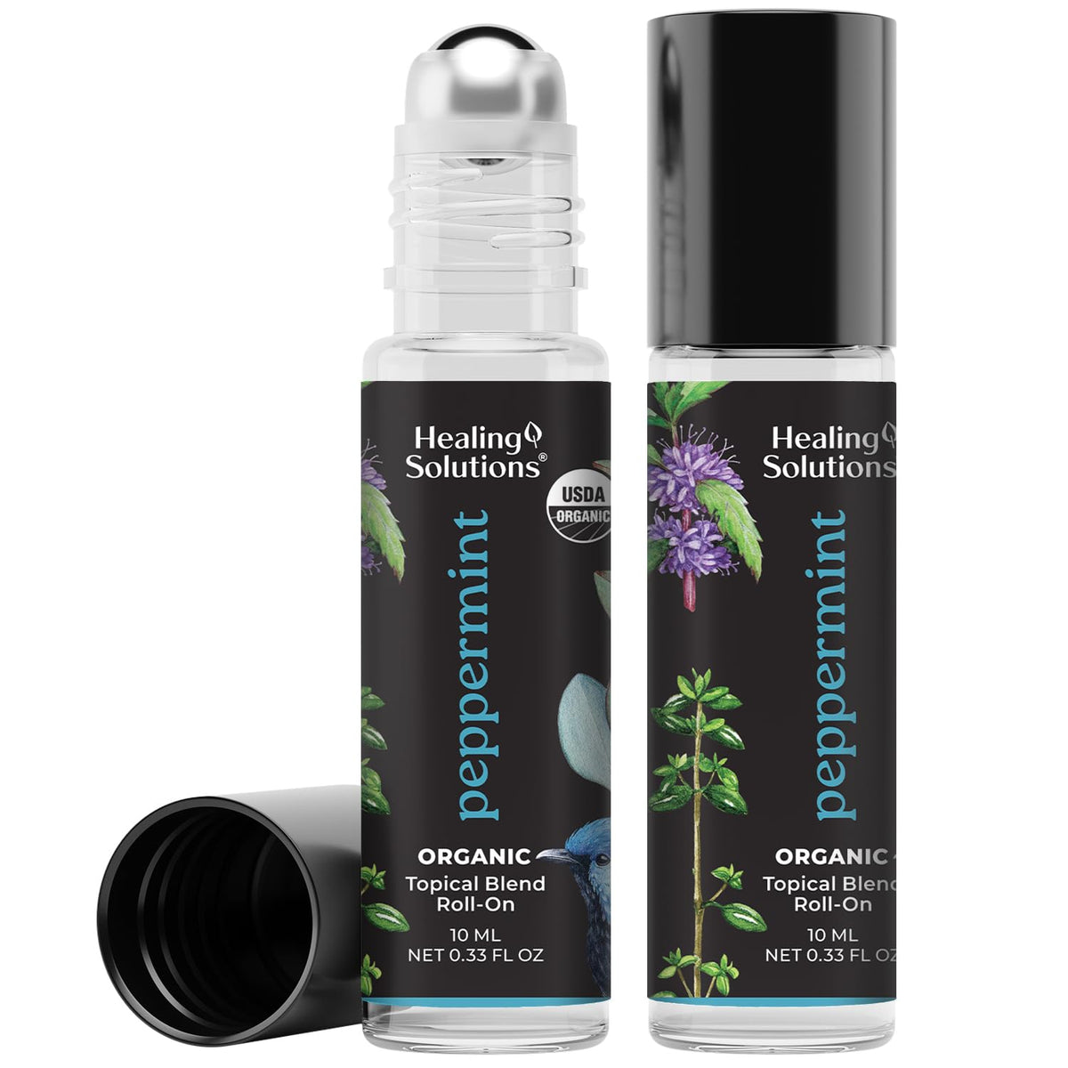 Healing Solutions (2 Pack) USDA Certified Organic Peppermint Essential Oil Roll-On Set for Body & Skin Care - Peppermint