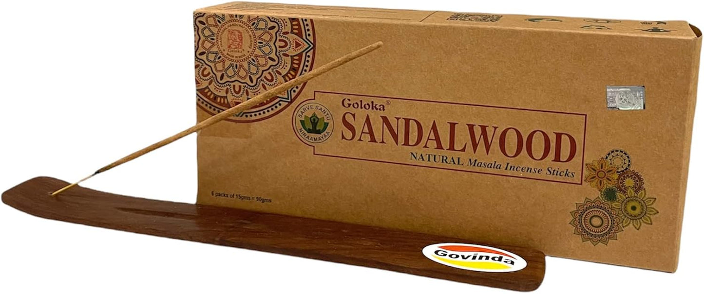 Govinda Incense Stick Holder Bundle with Goloka Incense Organica Series Sandalwood Incense Sticks - 6 Pack of 15 Grams