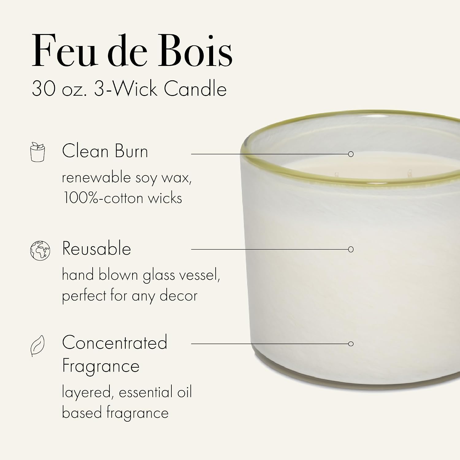 LAFCO New York 3-Wick Candle, Feu de Bois - 30 oz - 120-Hour Burn Time - Reusable, Hand Blown Glass Vessel - Made in the USA