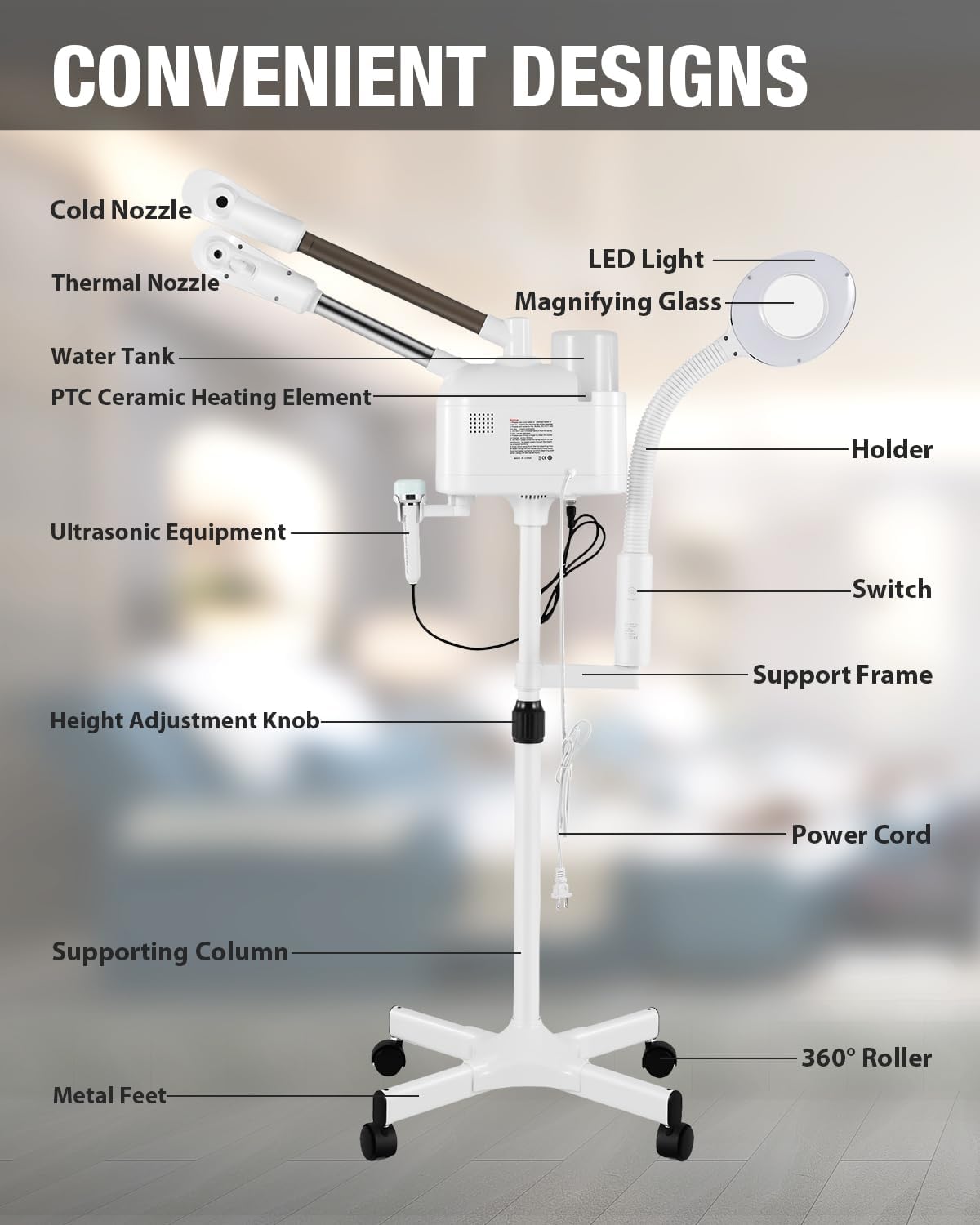 Professional 4-in-1 Facial Steamer with Hot and Cold Nozzles and 5X LED Magnifying Lamp and Ultrasonic Equipment—Ideal for Estheticians and Beauty Professionals, for Use at Home or in the Salon