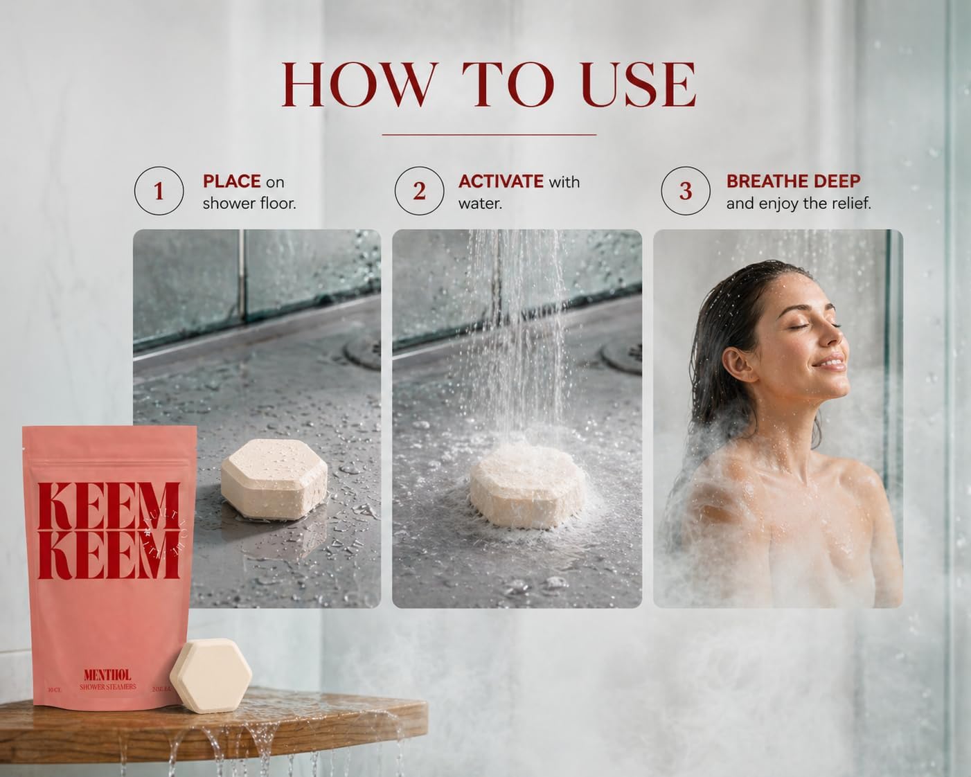 Keem Keem Menthol Shower Steamers, 10 Count, 2 oz Each, Individually Wrapped Cooling Shower Tablets with Pure Menthol Crystals, Dye-Free, No Fragrance Blends, No Eucalyptus