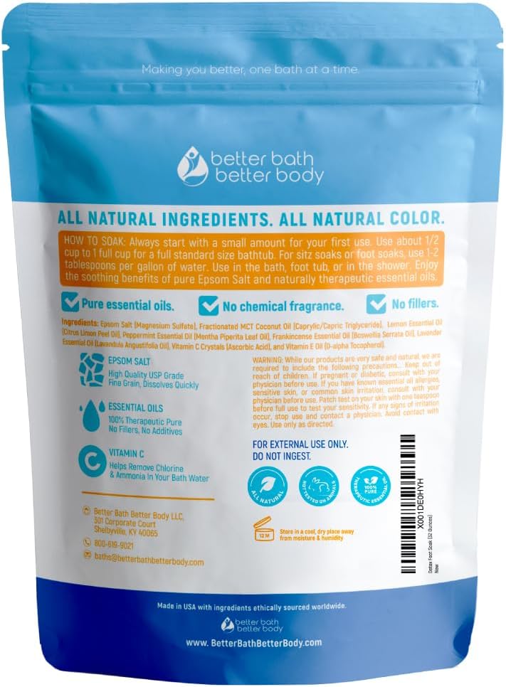 Detox Foot Soak Salts 32 Ounces with Lemon, Peppermint, Lavender Frankincense Essential Oils BPA Free Pouch with Easy Press-Lock Seal Soothe Athletes Foot, Soften Calluses, Relax Tired Feet