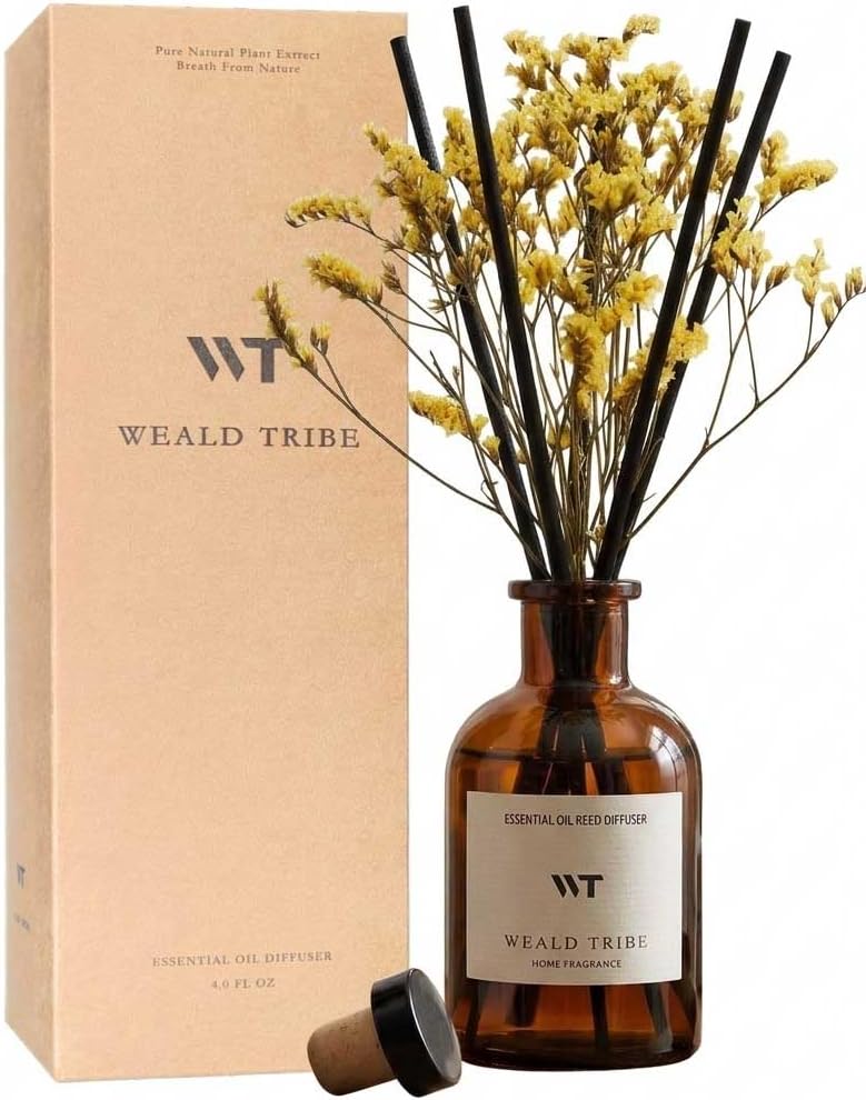 WEALD TRIBE Reed Diffuser Set for Bathroom Air Fresheners, Oil Diffuser Sticks with Flower | Lemongrass Scent 4.0 fl oz Home Fragrance with Sticks Defusers | House Bedroom Office Shelf Decor
