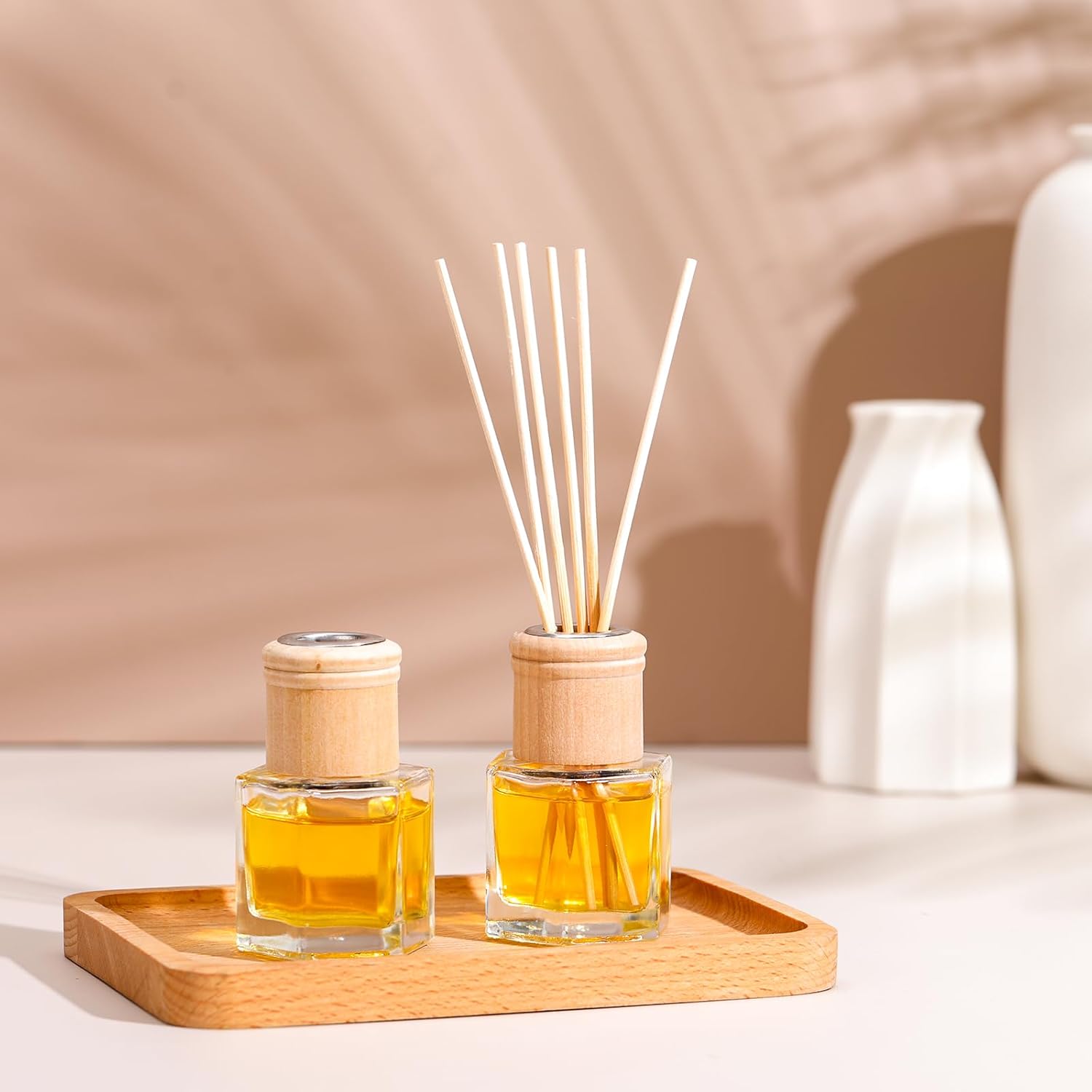Roshtia 20 Set Reed Diffuser Bottle Empty Refillable Fragrance Glass Diffuser Bottles Set with Wooden Caps Rattan Sticks 50ml 1.7 Oz Hexagonal Glass Jars for DIY Fragrance
