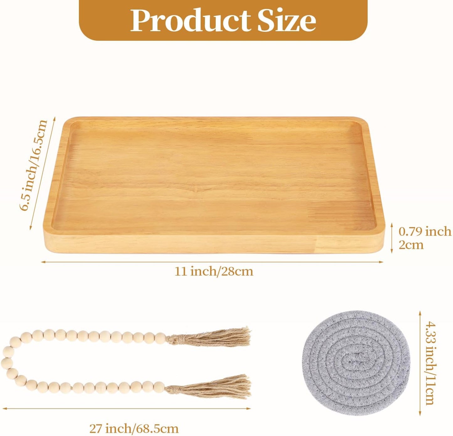 Wooden Candle Tray Holder 11 * 6.5 Inch Rectangular Decorative Serving Trays for Coffee Table Centerpiece Home Decor Wood Table Tray for Kitchen Counter with Beads Decor and 2 Coasters