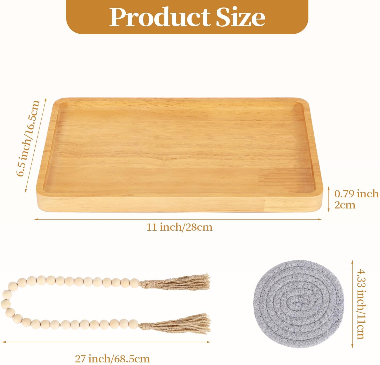 Wooden Candle Tray Holder 11 * 6.5 Inch Rectangular Decorative Serving Trays for Coffee Table Centerpiece Home Decor Wood Table Tray for Kitchen Counter with Beads Decor and 2 Coasters