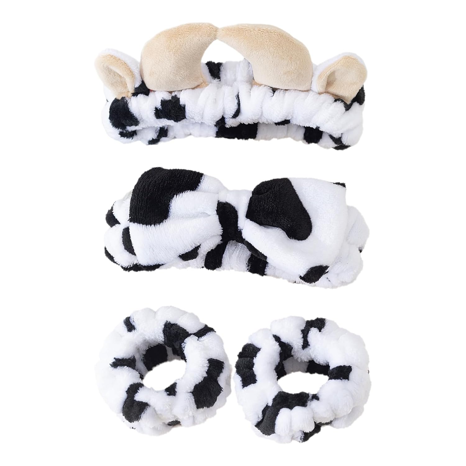 Cow Wash Face Headband & Spa Wristbands Soft Hair Scrunchy Set for Women Skincare Makeup Bath and Costume Party Accessories