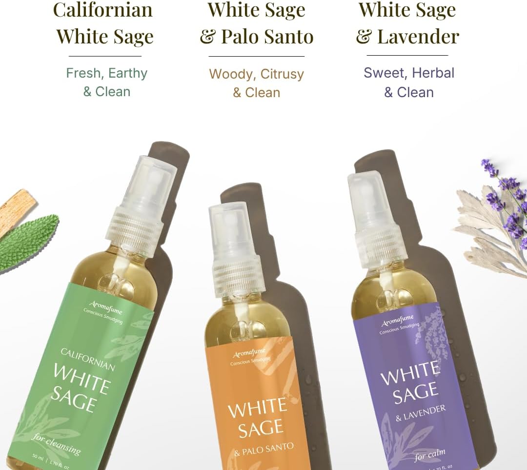 White Sage Smudge Spray Mist Gift Set by Aromafume | 3x50ml | White Sage with Lavender & Palo Santo | Air Freshener Sprays for Home, Fabric & Linen Mist | For Cleansing Negative Energy & Protection