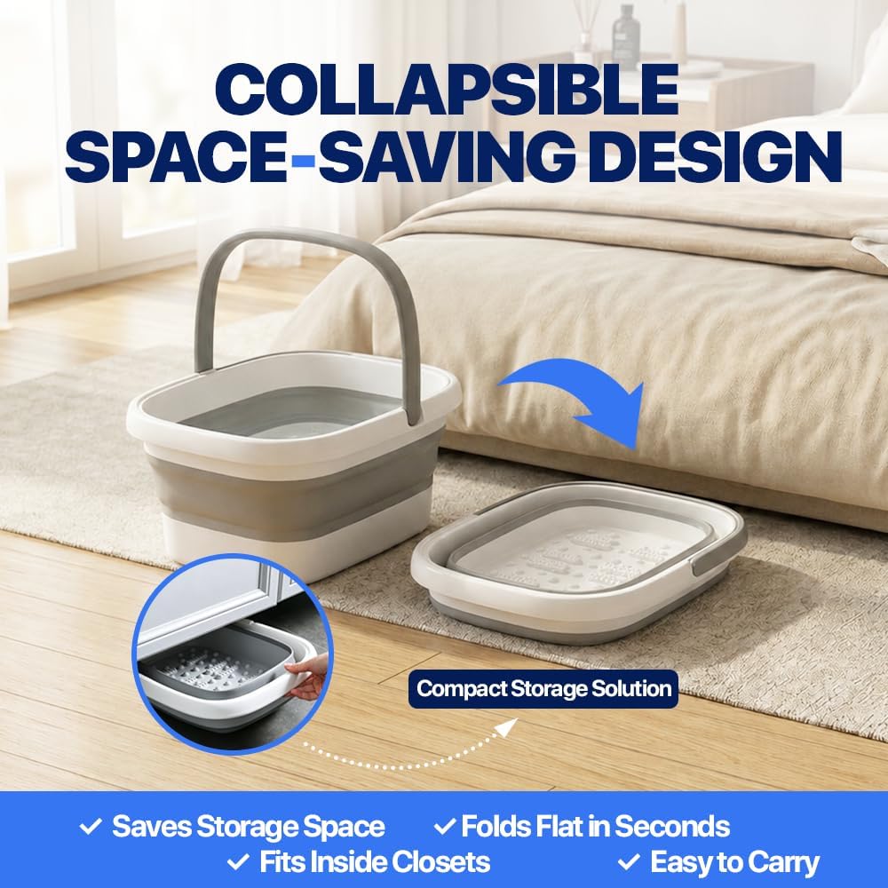 AllSett Health Collapsible Foot Bath – Advance Feet Soaking Tub with Portable Design and Handle – Foldable Pedicure Foot Spa Basin – Compact and Lightweight Soak Tub with Acupressure Points, White