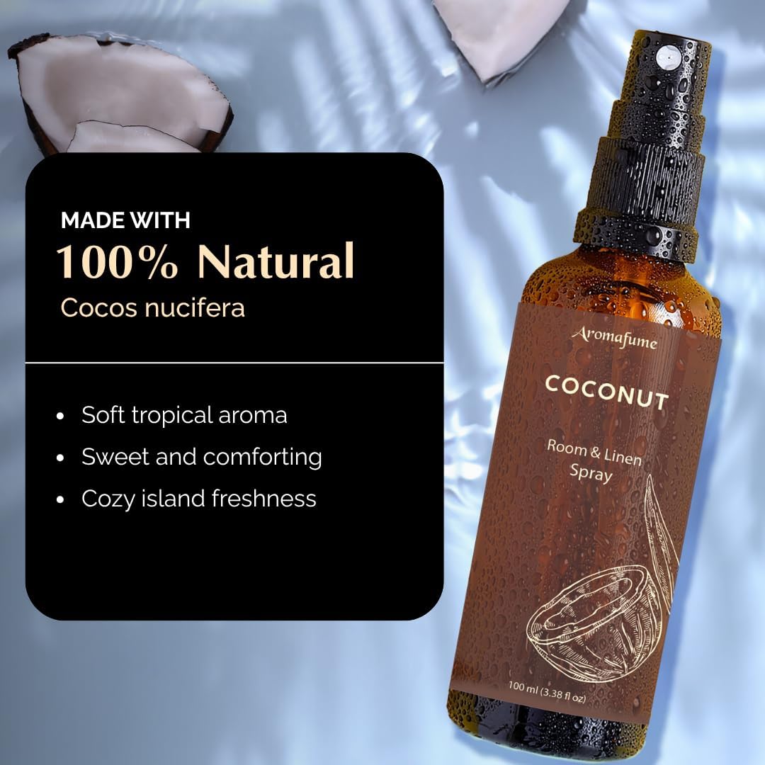 Coconut Room, Linen & Pillow Spray by Aromafume | 100ml/3.38 fl oz | with Pure Coconut Essential Oil | Aromatherapy Spray for Relaxation, Sleep & Stress Relief | Mist for Bedding, Fabrics